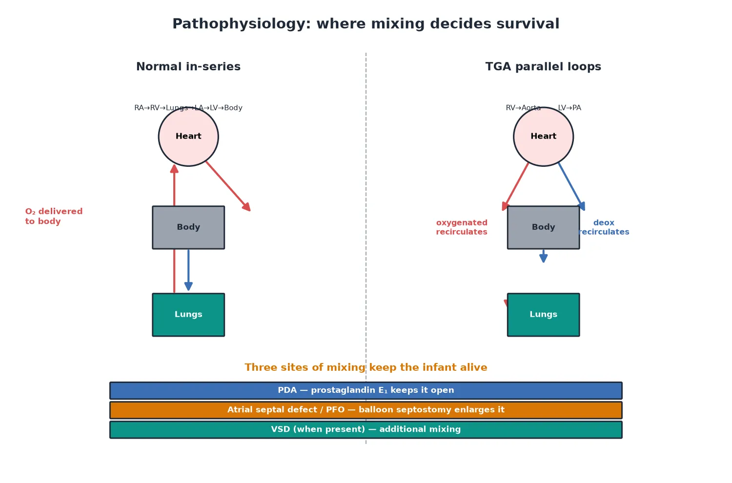 Pathophysiology diagram comparing a normal in-series circulation with the parallel circulation of d-transposition. Left panel shows a normal heart where the right ventricle pumps to the lungs and the left ventricle pumps to the body in series, delivering oxygen to the body. Right panel shows d-TGA where the right ventricle pumps deoxygenated blood to the aorta and body which recirculates blue, while the left ventricle pumps oxygenated blood to the pulmonary artery and lungs which recirculates red. A bottom band lists the three mixing sites that keep the infant alive: the patent ductus arteriosus kept open by prostaglandin E1, the atrial septal defect or PFO enlarged by balloon septostomy, and the ventricular septal defect when present.