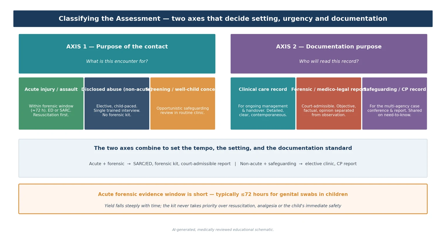 Educational schematic classifying the assessment by purpose of contact (acute injury, disclosed abuse, screening concern) and documentation purpose (clinical care, forensic medico-legal, safeguarding) and how they combine
