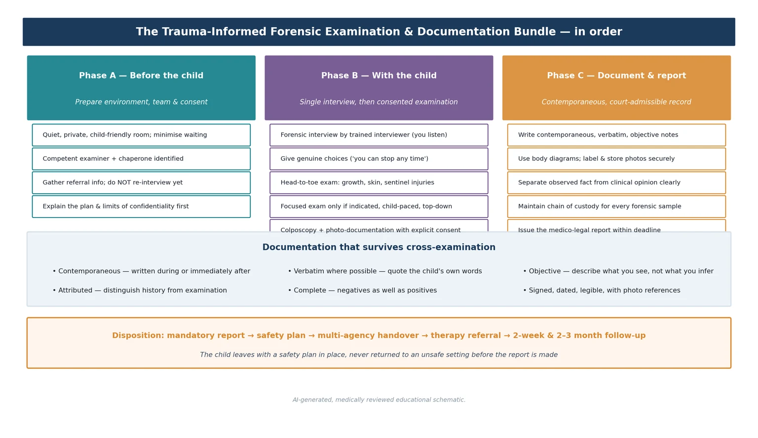 Educational schematic of the trauma-informed forensic examination and documentation bundle in three phases: prepare environment and consent, single interview and consented examination, and contemporaneous documentation and reporting