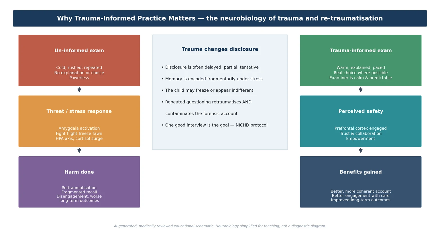 Educational schematic of the neurobiology of trauma and re-traumatisation: an un-informed exam triggers a threat response and harm, while a trauma-informed exam builds perceived safety and yields a better account and outcome