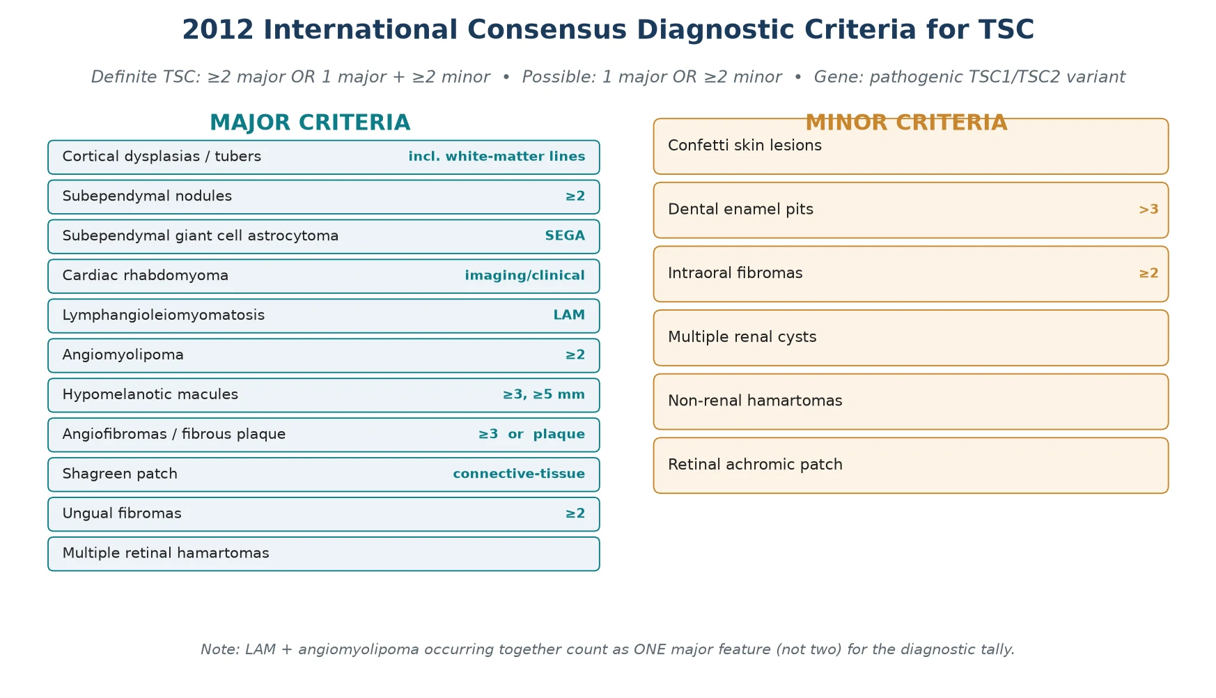 Two-column diagnostic criteria table for tuberous sclerosis complex: left column lists the eleven major features (cortical dysplasias or tubers, subependymal nodules, subependymal giant cell astrocytoma, cardiac rhabdomyoma, lymphangioleiomyomatosis, angiomyolipoma, hypomelanotic macules, angiofibromas or fibrous plaque, shagreen patch, ungual fibromas, retinal hamartomas) and right column lists the six minor features (confetti skin lesions, dental enamel pits, intraoral fibromas, renal cysts, non-renal hamartomas, retinal achromic patch), with a header stating the diagnostic rule of two major or one major plus two minor and the genetic criterion
