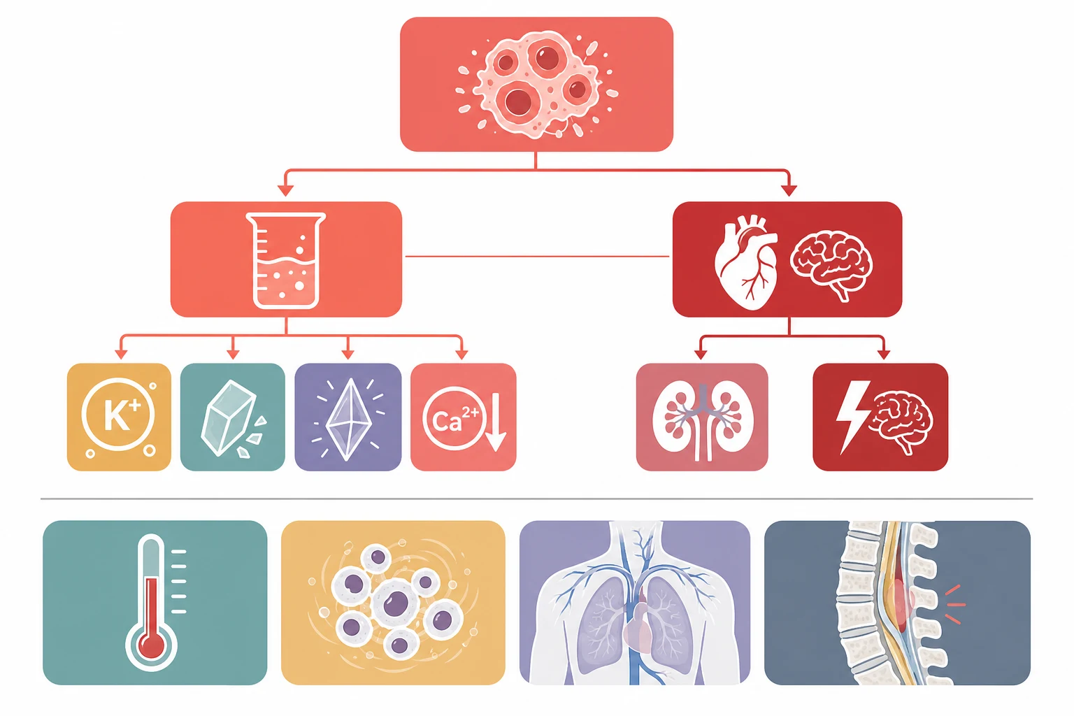 A clean schematic on a white background showing the Cairo-Bishop classification tree of tumour lysis syndrome, with a tumour-cell parent box splitting into a coral laboratory-tumour-lysis branch carrying tiles for potassium, phosphate, urate and calcium, and a deep-red clinical-tumour-lysis branch carrying a kidney tile for acute kidney injury and a lightning tile for arrhythmia or seizure, joined by a connecting line, with a lower row of four smaller boxes in teal, amber, violet and slate for febrile neutropenia, hyperleukocytosis, superior vena cava syndrome and spinal cord compression