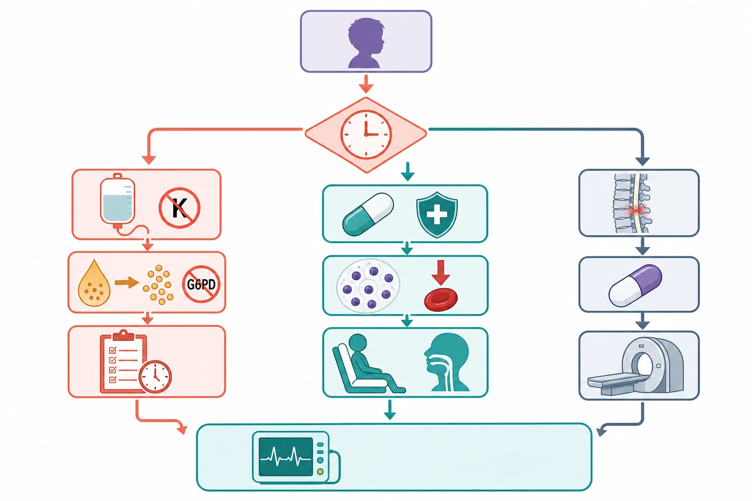 A clean medical-education management flowchart on a white background, starting at a child silhouette and a time-critical diamond node, with a left coral branch stacking an intravenous fluid bag for potassium-free hyperhydration, an amber enzyme drop for rasburicase with a no-glucose-six-phosphate-dehydrogenase warning cross, and a clipboard-clock for four-to-six-hourly monitoring, a right teal branch stacking a capsule-shield for antipseudomonal antibiotics within one hour, a white-cell swirl without the early red-cell transfusion for hyperleukocytosis, and an upright-airway icon for the mediastinal mass, and a slate spine-cord branch with a dexamethasone pill and a magnetic-resonance scanner, ending in a teal intensive-care-monitor bar