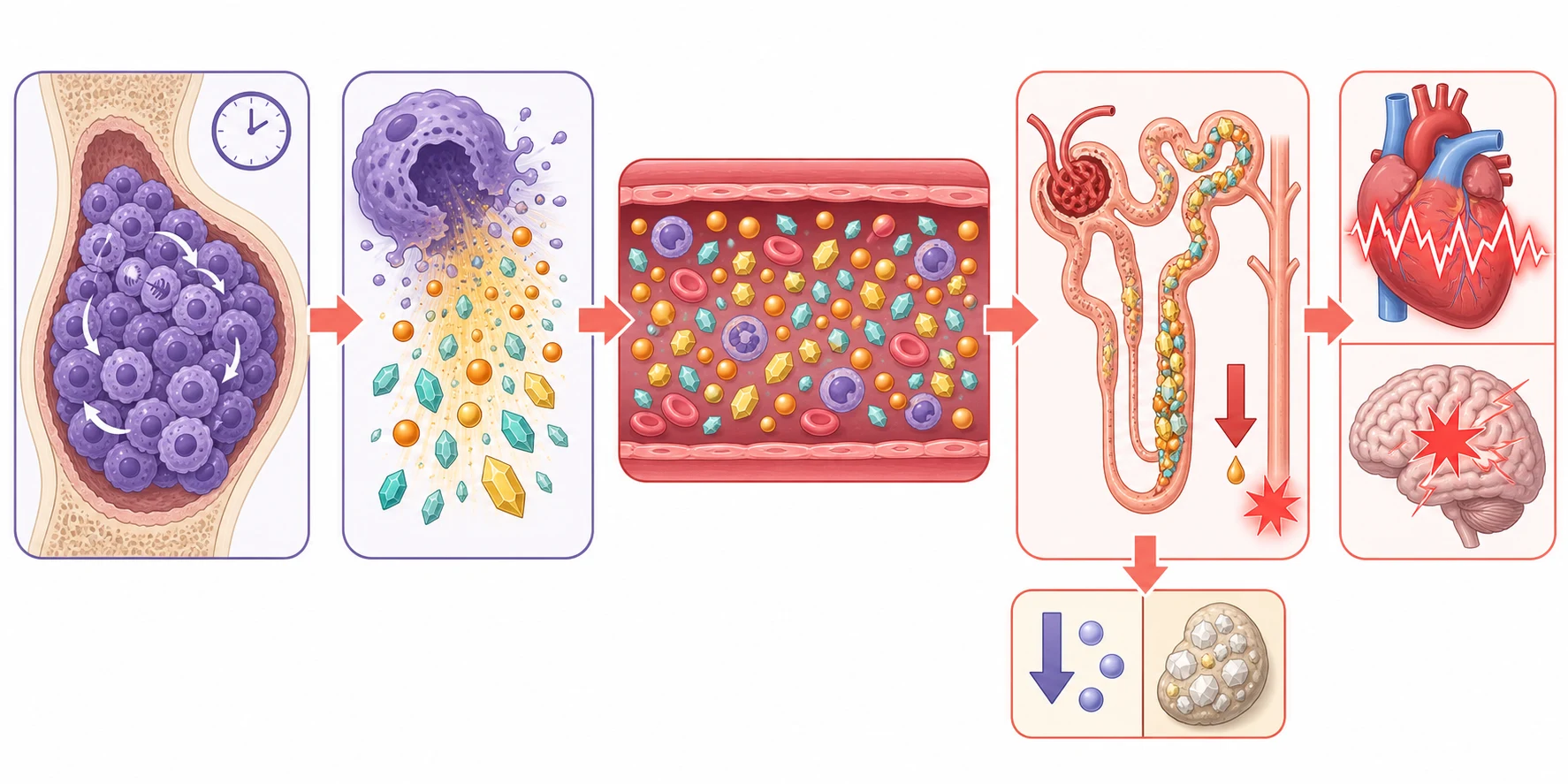 A clean left-to-right scientific schematic on a white background in five connected boxes joined by coral arrows, showing a bulky violet tumour mass with a clock icon, then a tumour cell bursting open and releasing amber potassium spheres, teal phosphate shards and yellow urate crystals into an overloaded bloodstream, then a coral kidney nephron with particles clogging the tubules and a downward urine-output arrow and a damage star, then a split panel with a red heart showing an arrhythmia lightning line and a brain showing a seizure starburst