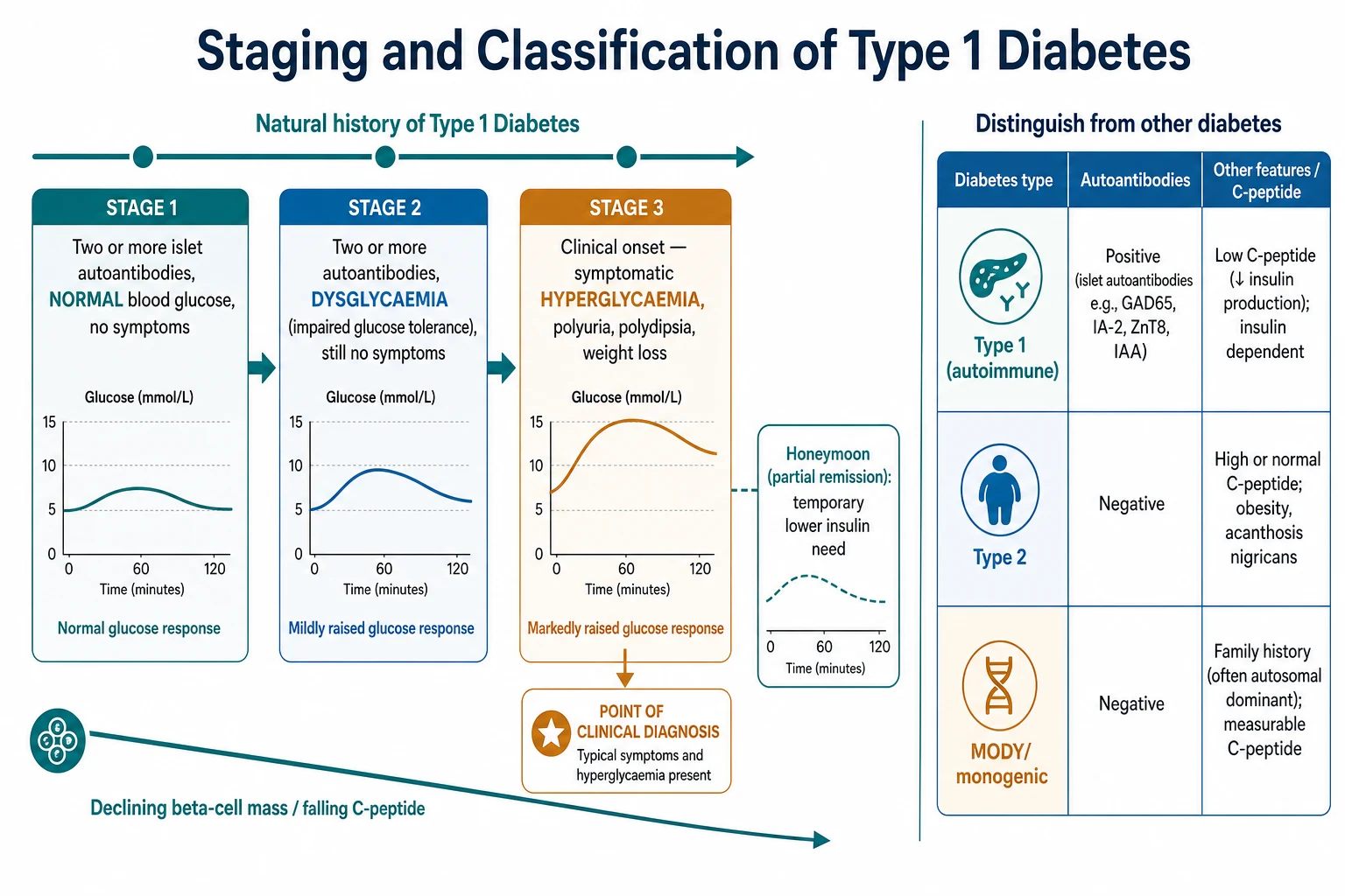 Three-stage natural history of type 1 diabetes shown as a progression arrow — stage 1 with two or more islet autoantibodies and normal glucose, stage 2 with two or more autoantibodies and dysglycaemia, and stage 3 with symptomatic hyperglycaemia at clinical diagnosis followed by a honeymoon dip — over a declining beta-cell mass line, beside a comparison table distinguishing type 1, type 2 and monogenic diabetes by autoantibodies and C-peptide.