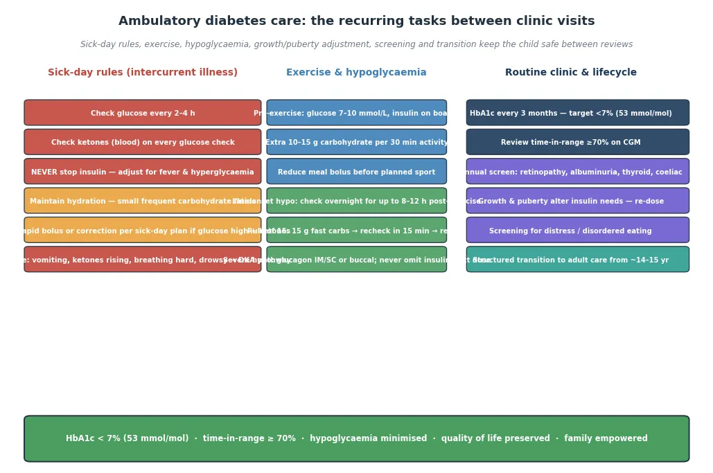 Ambulatory care algorithm in three columns — sick-day rules, exercise and hypoglycaemia, and routine clinic and lifecycle review — ending with a targets bar showing HbA1c below 7 percent, time-in-range above 70 percent, minimised hypoglycaemia, preserved quality of life and an empowered family.