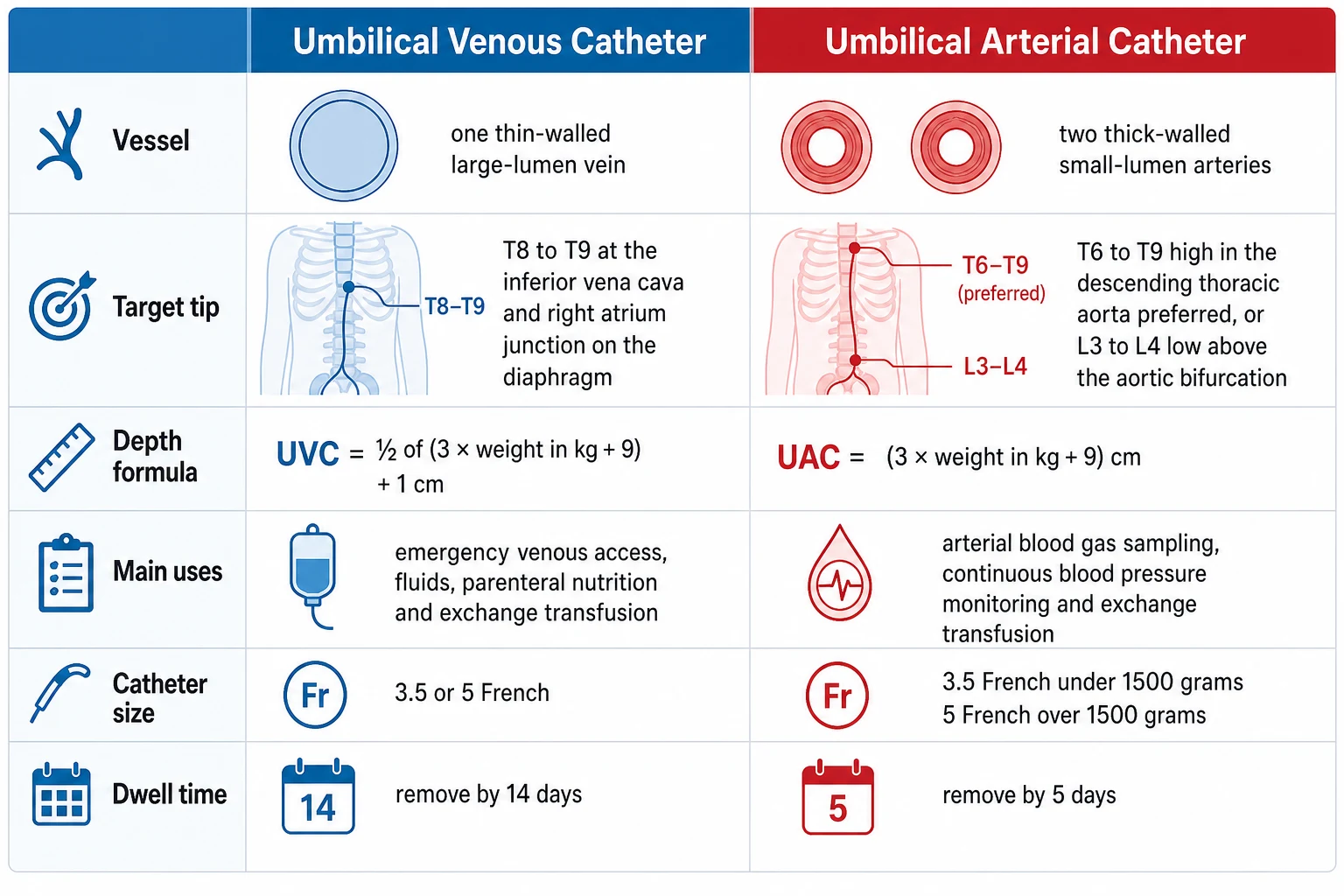 Educational infographic comparing the umbilical venous catheter and umbilical arterial catheter in two colour-coded columns, listing vessel type, target tip position, Shukla depth formula, main uses, catheter French size, and dwell-time limit