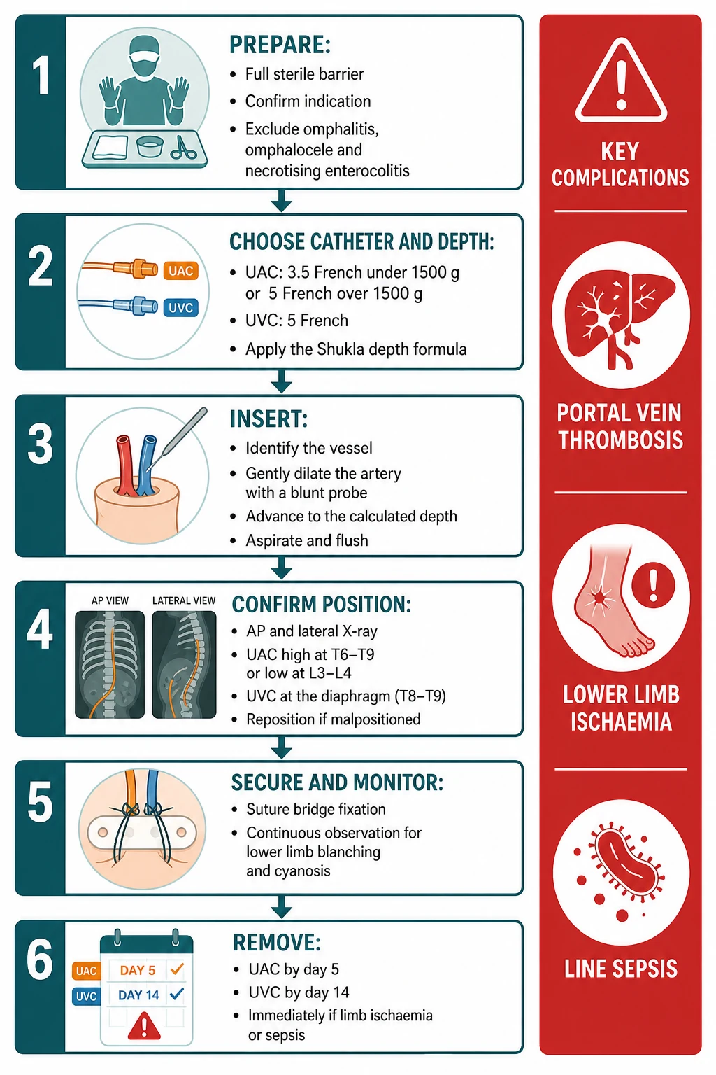 Educational flowchart of safe umbilical catheter insertion in six numbered steps from preparation, choosing catheter size and depth, insertion, radiographic confirmation of tip position, securing and monitoring, to timely removal, with a red banner naming portal vein thrombosis, lower-limb ischaemia and line sepsis