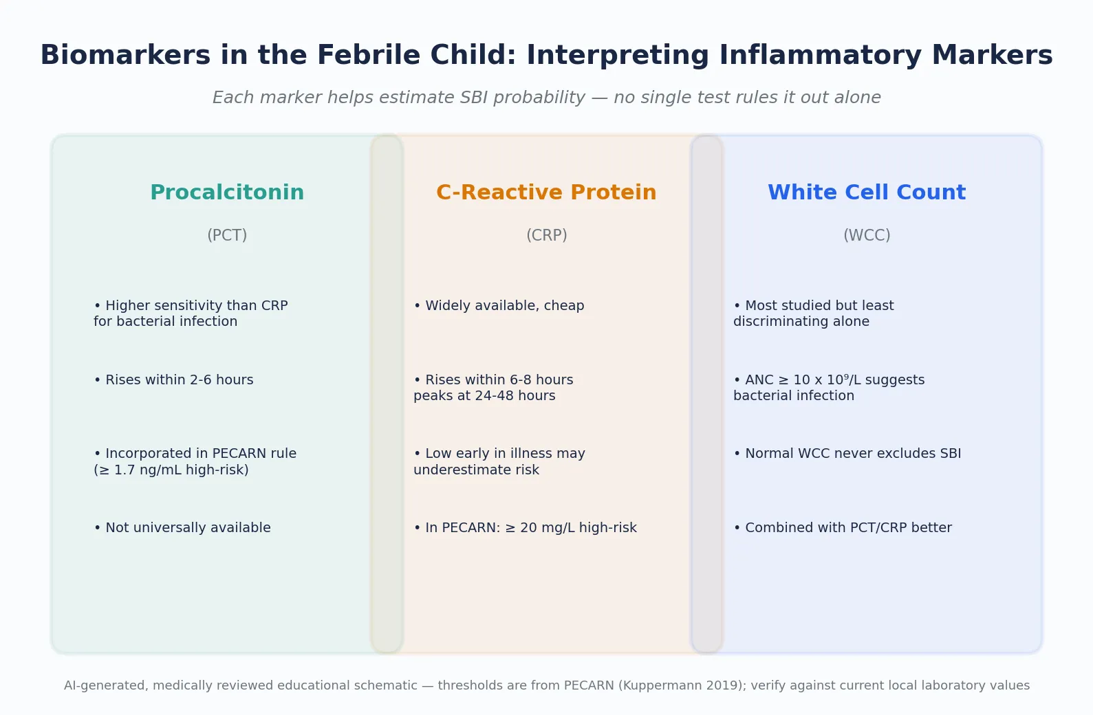 Reviewed educational schematic comparing procalcitonin, C-reactive protein and white cell count — their kinetics, thresholds in the PECARN rule, and limitations as individual predictors of serious bacterial infection