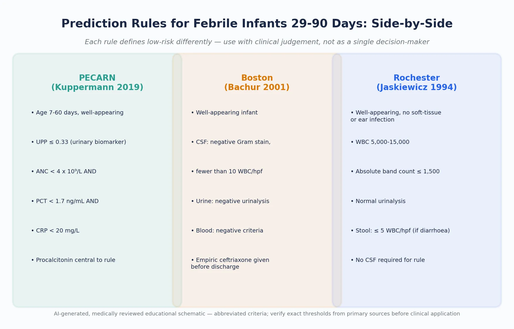 Reviewed educational schematic comparing the PECARN, Boston and Rochester prediction rules side by side, showing their key inclusion criteria and what each defines as low-risk