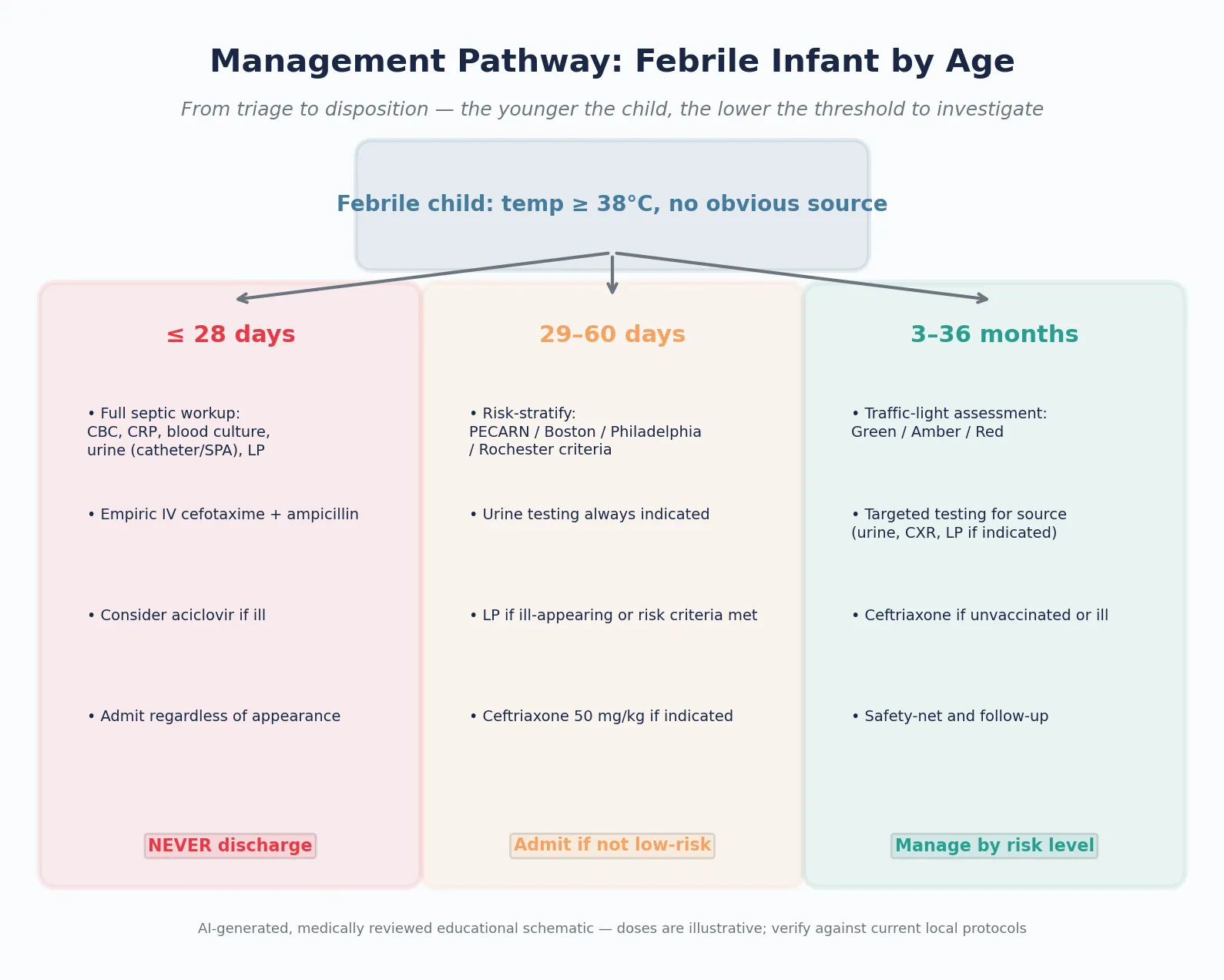 Reviewed educational schematic showing the stepwise management pathway for febrile infants by age band — from initial triage through investigation and disposition