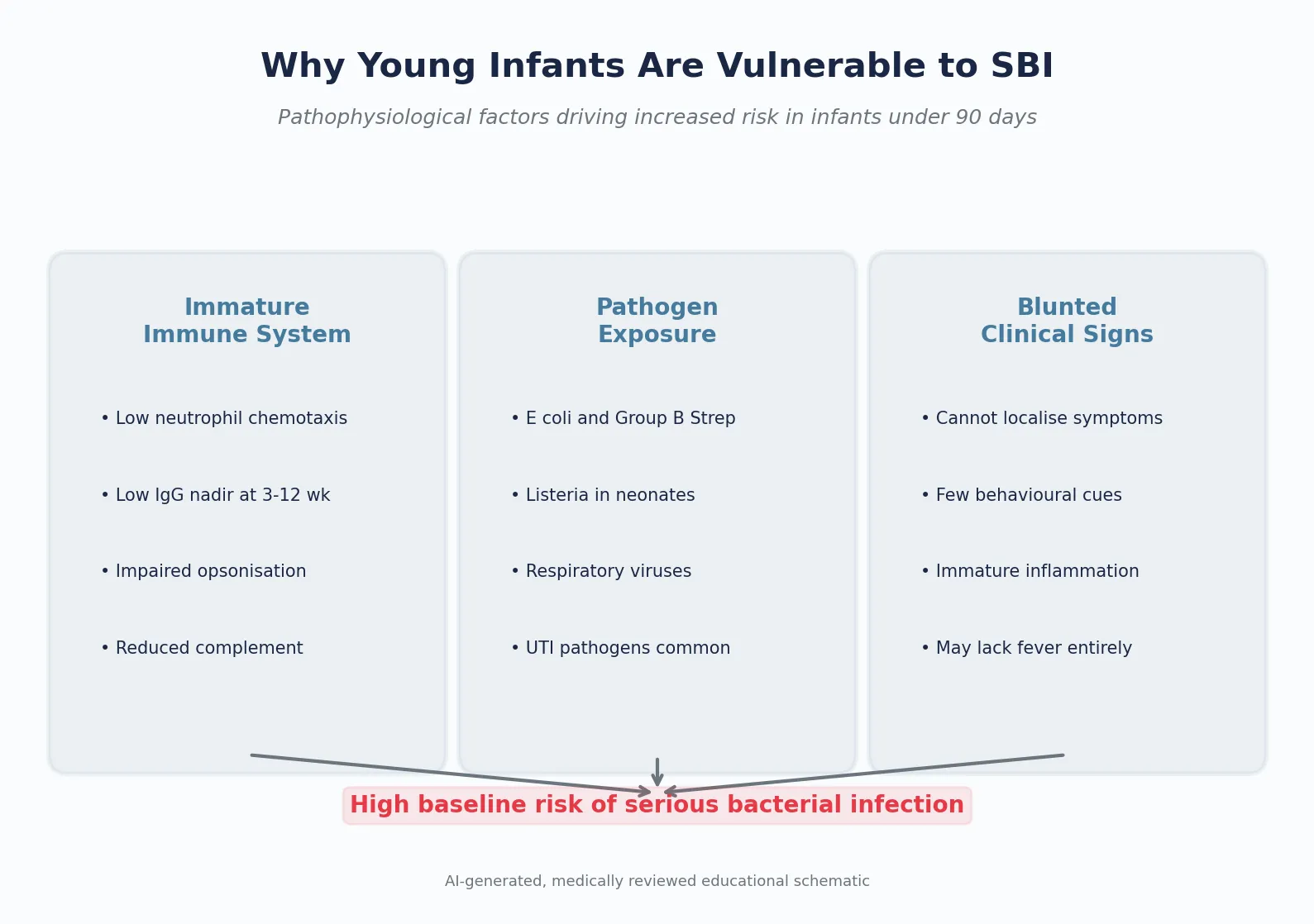 Reviewed educational schematic showing three converging pathophysiological factors — immature immune system, pathogen exposure patterns, and blunted clinical signs — that create high SBI vulnerability in young infants