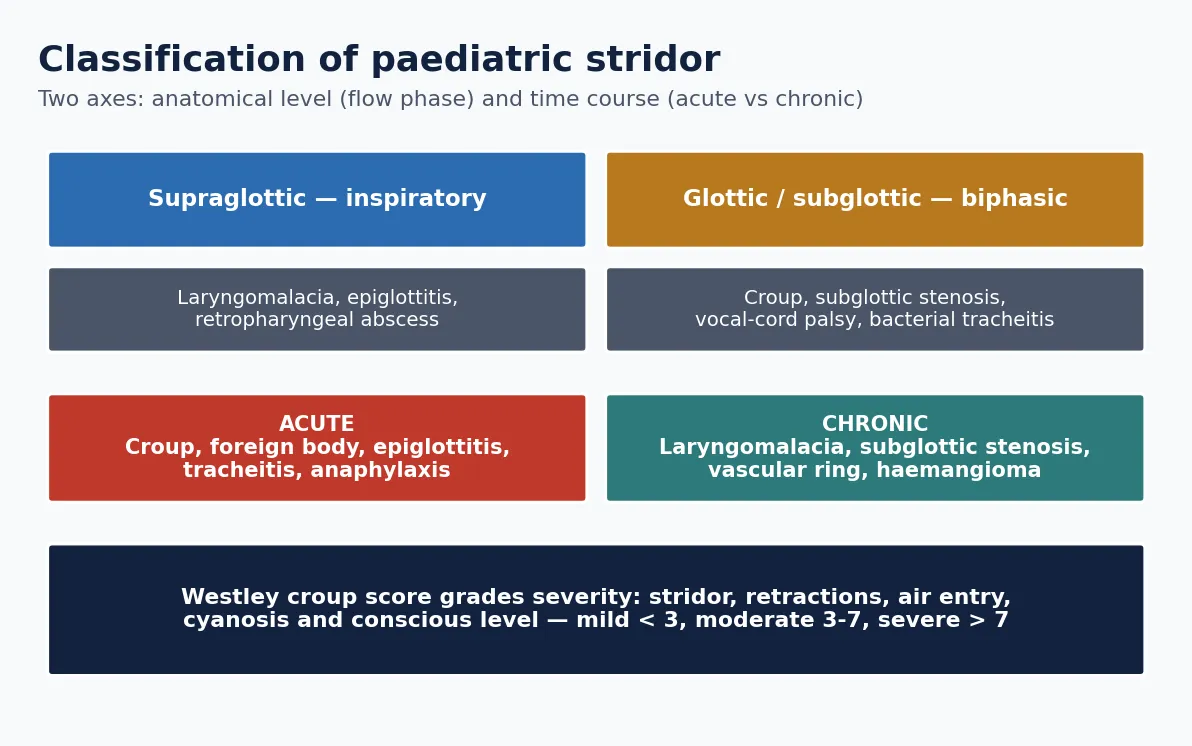 Classification of paediatric stridor on two axes: the anatomical level indicated by the flow phase (supraglottic and inspiratory, glottic and subglottic and biphasic, intrathoracic and expiratory) and the time course dividing acute causes such as croup, foreign body, epiglottitis and tracheitis from chronic causes such as laryngomalacia, subglottic stenosis and vascular ring, with the Westley croup severity bands