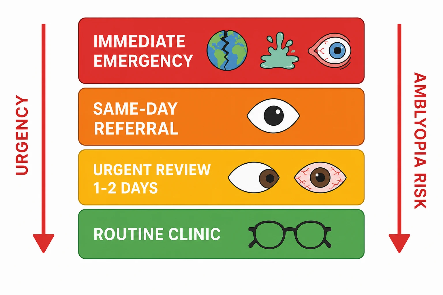 A clean schematic on a white background in landscape showing a four-tier vertical triage ladder for urgent childhood ophthalmology referrals. The top tier is a red block labelled immediate emergency with icons of a globe rupture, a chemical splash and proptosis. The second tier is an orange block labelled same-day referral with an icon of a white pupil, the leukocoria. The third tier is an amber block labelled urgent one-to-two-day review with icons of a turned eye and a painful red eye. The bottom tier is a green block labelled routine clinic with an icon of spectacles. A left-side arrow runs down the ladder marked urgency, and a right-side arrow runs down marked amblyopia risk. The figure is a clean teaching schematic with no real patient photographs.