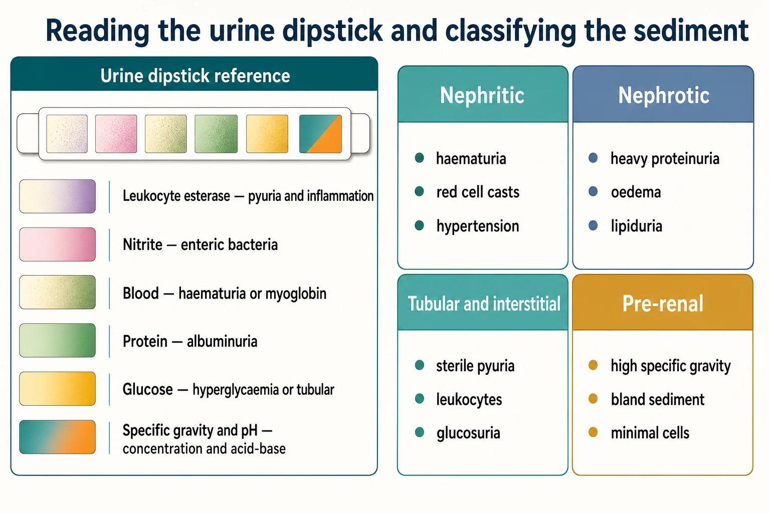 Educational infographic of a urine dipstick pad reference chart paired with a four-quadrant classification of nephritic, nephrotic, tubular and pre-renal urine patterns