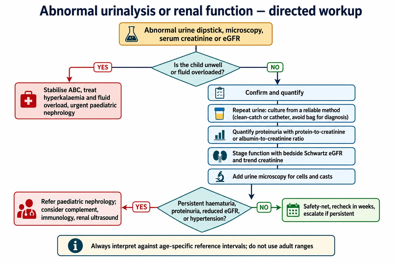 Stepwise flowchart from an abnormal urinalysis or renal function result through confirmation, quantification, staging, microscopy and referral or safety-netting