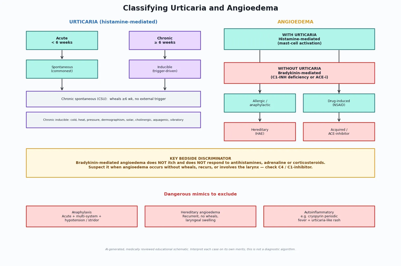Reviewed educational schematic classifying urticaria as acute or chronic and spontaneous or inducible, alongside angioedema classified as histamine-mediated (with wheals) or bradykinin-mediated (without wheals), with a prominent statement distinguishing the two pathways