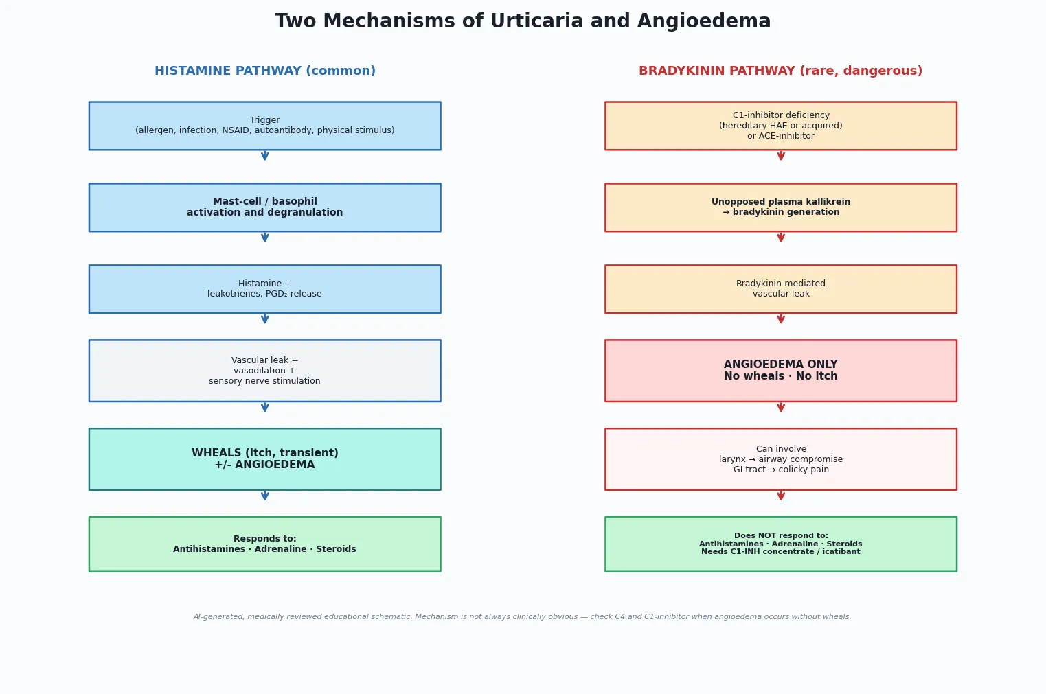 Reviewed educational schematic showing the histamine pathway from trigger through mast-cell degranulation to wheals and angioedema that respond to antihistamines, alongside the bradykinin pathway from C1-inhibitor deficiency through bradykinin generation to angioedema that does not respond to antihistamines or adrenaline