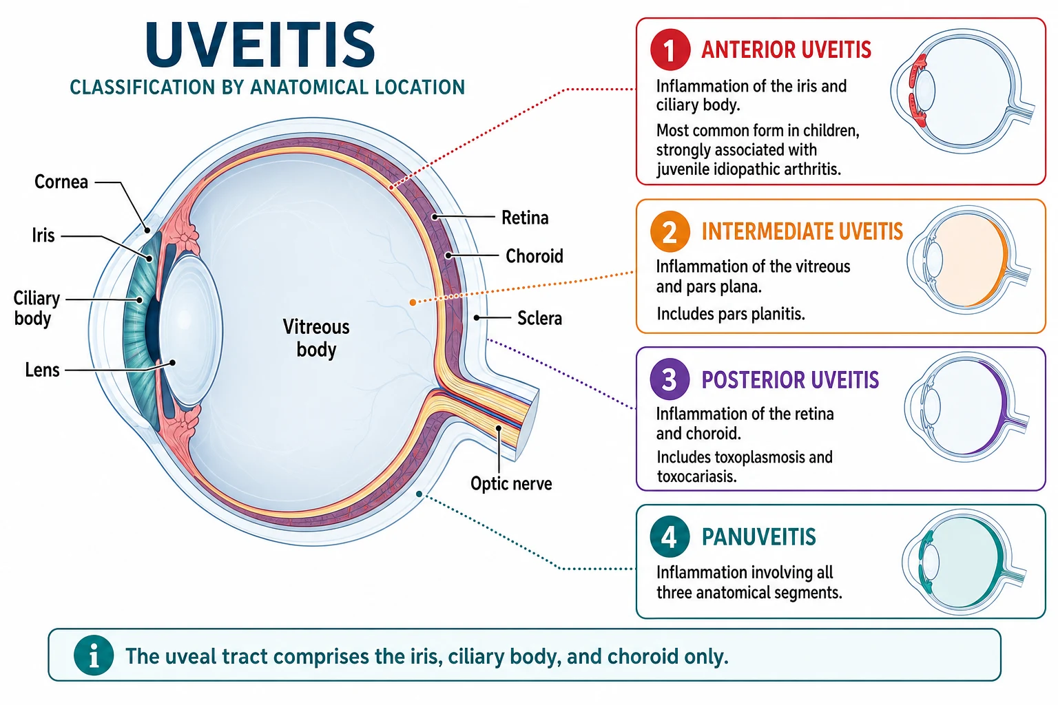 Four-panel schematic of the SUN anatomical classification of uveitis against a large eye cross-section: anterior uveitis with iris and ciliary body highlighted in red, the commonest childhood form associated with juvenile idiopathic arthritis; intermediate uveitis with the vitreous and pars plana highlighted in orange, including pars planitis; posterior uveitis with the retina and choroid highlighted in purple, including toxoplasmosis and toxocariasis; panuveitis with all layers highlighted in teal. Bottom note defines the uveal tract as iris, ciliary body and choroid only.