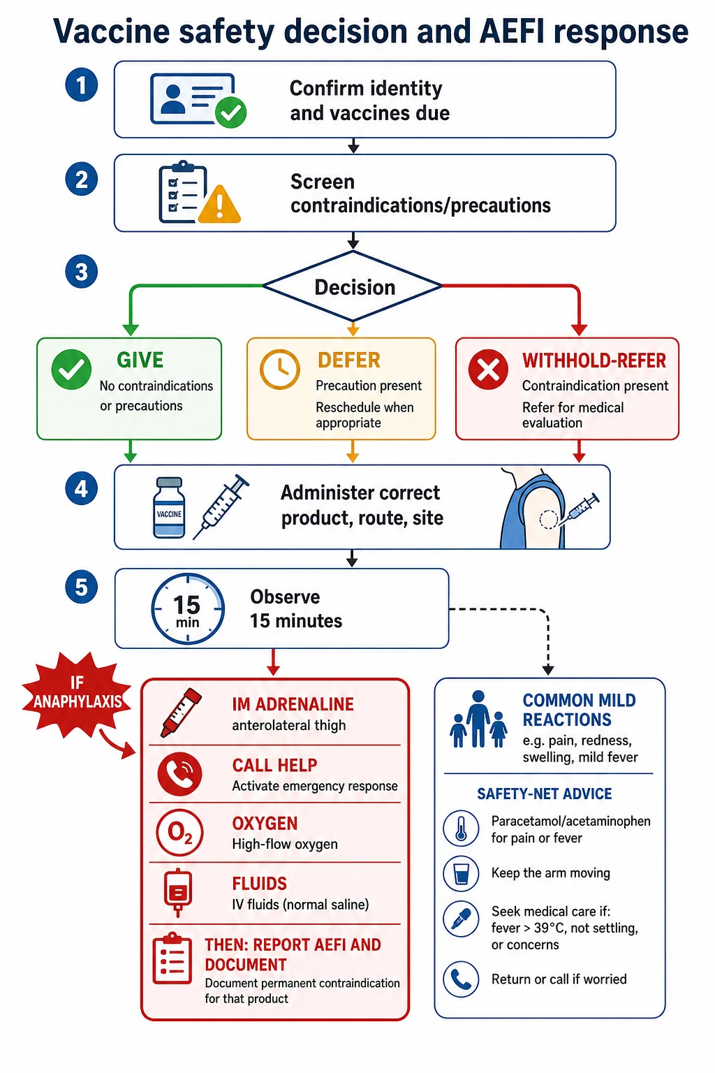 Stepwise algorithm for pre-vaccination screening, give or defer decision, observation and anaphylaxis interrupt