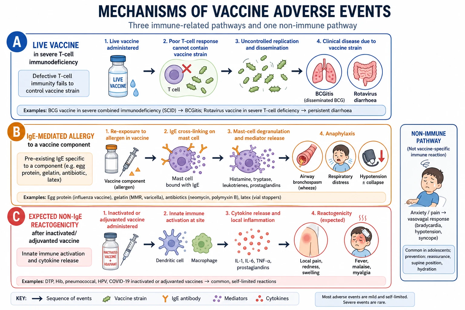 Three-pathway schematic of live-vaccine risk in immunodeficiency, IgE anaphylaxis, and expected vaccine reactogenicity