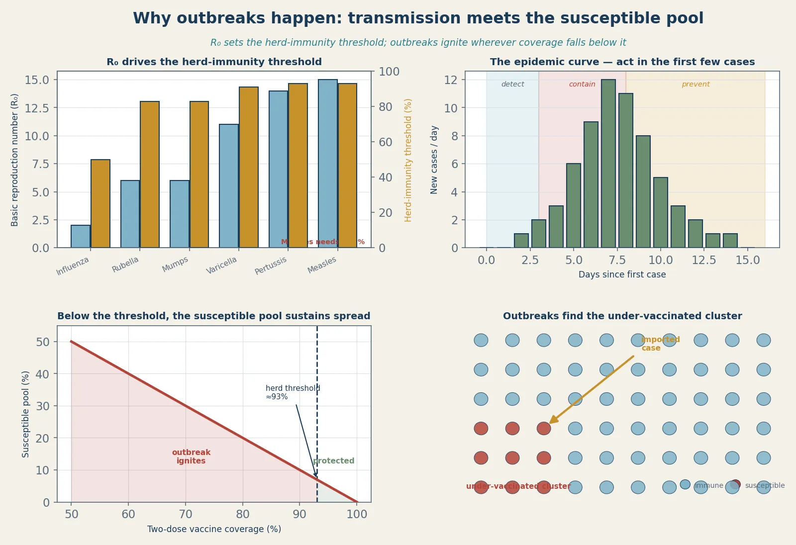 Four-panel mechanism schematic: top-left a bar chart of R₀ and herd-immunity threshold for influenza, rubella, mumps, varicella, pertussis and measles; top-right an epidemic curve showing the detect-contain-prevent windows over days since the first case; bottom-left a graph of susceptible pool falling with coverage with the outbreak zone below the 93 per cent threshold; bottom-right a community grid showing an imported case finding an under-vaccinated cluster of susceptible individuals
