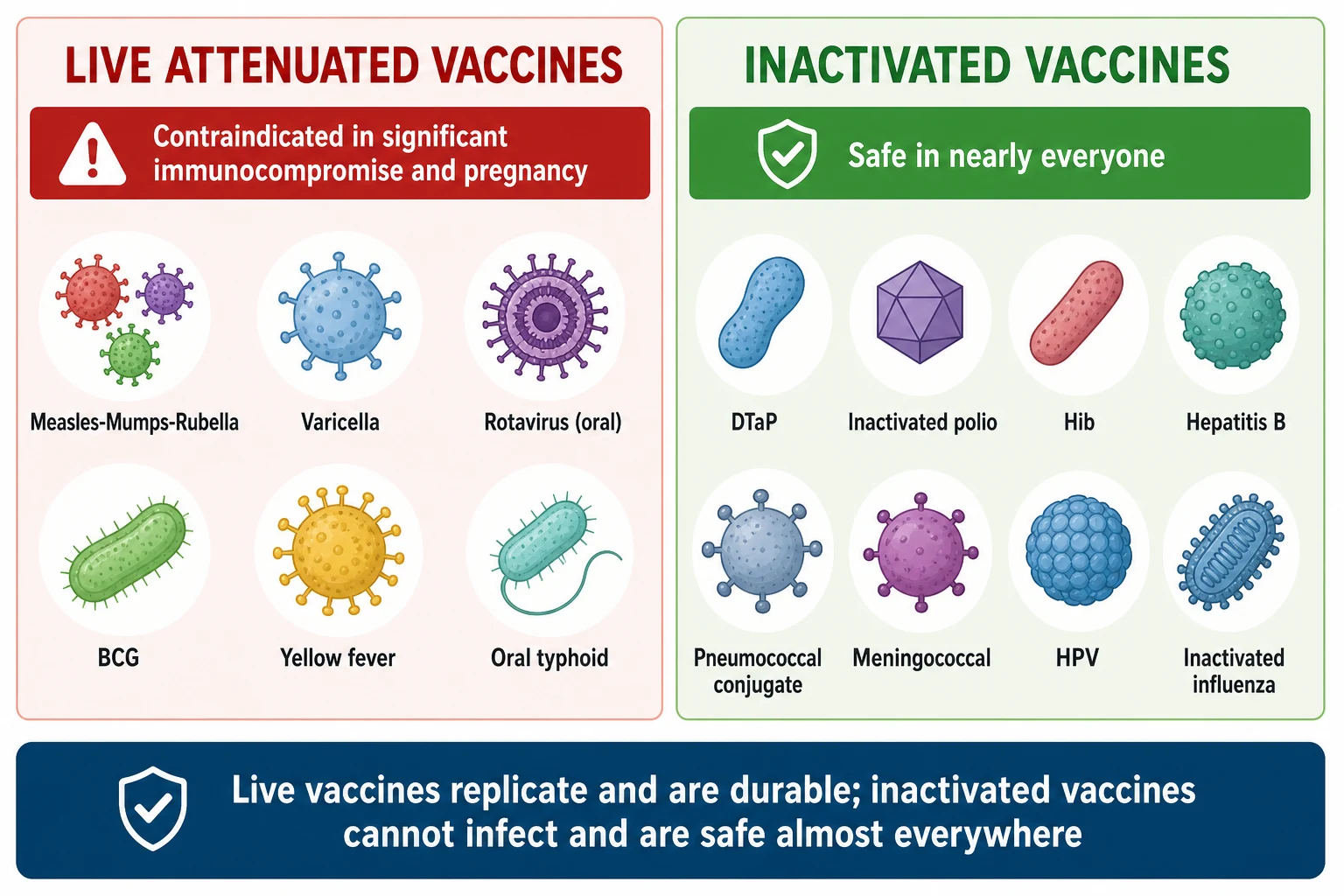 Educational infographic classifying paediatric vaccines into two families — live attenuated vaccines shown as replicating organism shapes labelled measles-mumps-rubella, varicella, rotavirus, BCG, yellow fever, and oral typhoid with a red caution banner reading contraindicated in significant immunocompromise and pregnancy; and inactivated vaccines shown as non-replicating particle shapes labelled diphtheria-tetanus-acellular-pertussis, inactivated polio, Haemophilus influenzae type b, hepatitis B, pneumococcal conjugate, meningococcal, human papillomavirus, and inactivated influenza with a green banner reading safe in nearly everyone