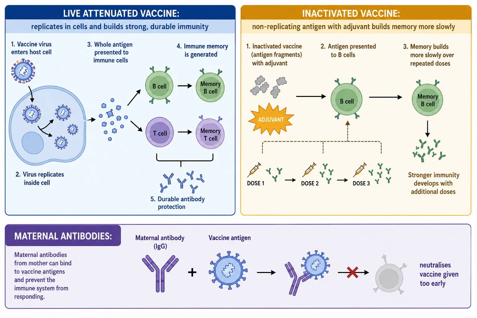 Educational schematic in two panels: left panel showing a live attenuated vaccine replicating inside host cells and presenting whole antigen to B cells and T cells, generating memory cells and durable antibody; right panel showing an inactivated vaccine presenting fixed antigen fragments with an adjuvant to B cells over repeated doses, building memory more slowly, plus a small panel showing maternal antibodies neutralising early vaccine antigen and blocking the infant response