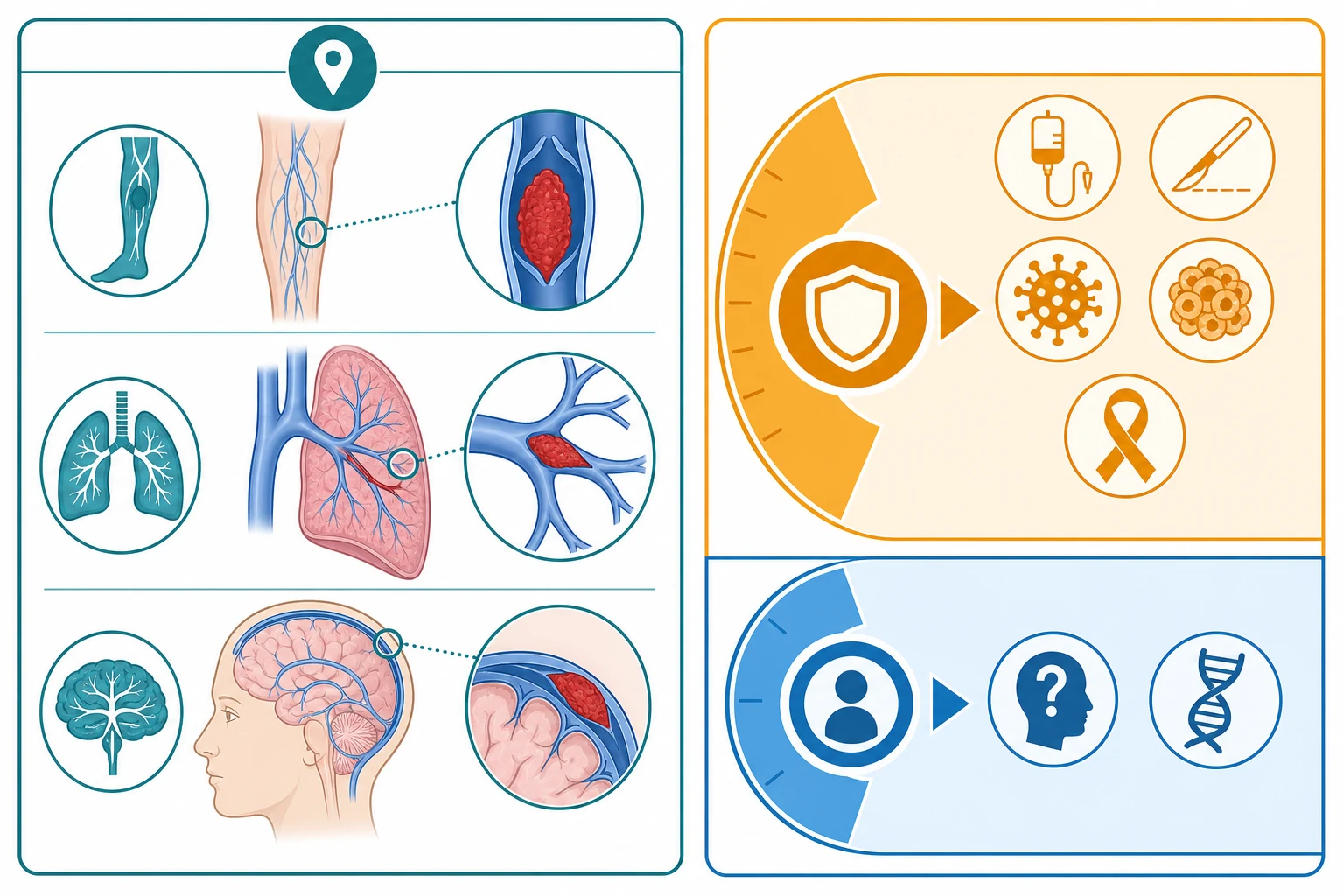 Educational classification infographic splitting paediatric venous thromboembolism by anatomic site on the left (leg deep vein thrombosis, pulmonary embolism in the lung, cerebral sinus venous thrombism) and by provoked versus unprovoked status on the right, with the central venous catheter highlighted as the largest provoked category