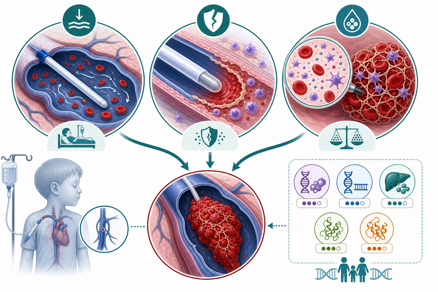 Educational pathophysiology diagram showing Virchow's triad in paediatric venous thromboembolism: venous stasis around a central venous catheter, endothelial injury at the catheter tip, and hypercoagulability from hereditary thrombophilia factors, with the three arms converging on a venous thrombus