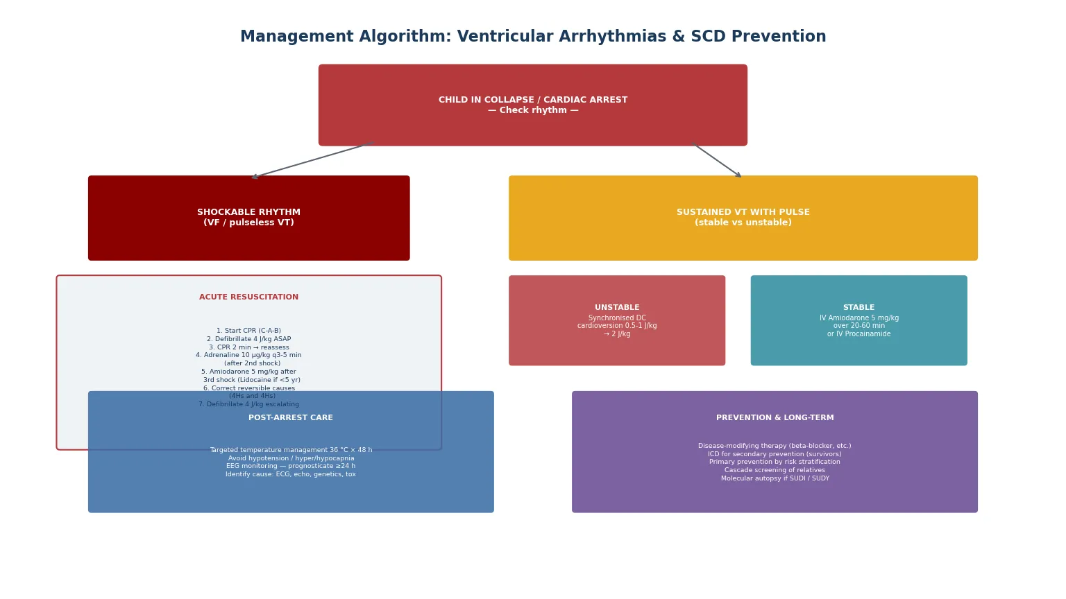 Educational management algorithm flowing from the child in collapse through rhythm interpretation into the shockable-rhythm loop (defibrillate 4 J/kg, CPR, adrenaline, amiodarone) for VF and pulseless VT, synchronised cardioversion for unstable VT with a pulse, amiodarone for stable sustained VT, post-arrest targeted temperature management, and prevention with ICD, cascade screening and molecular autopsy