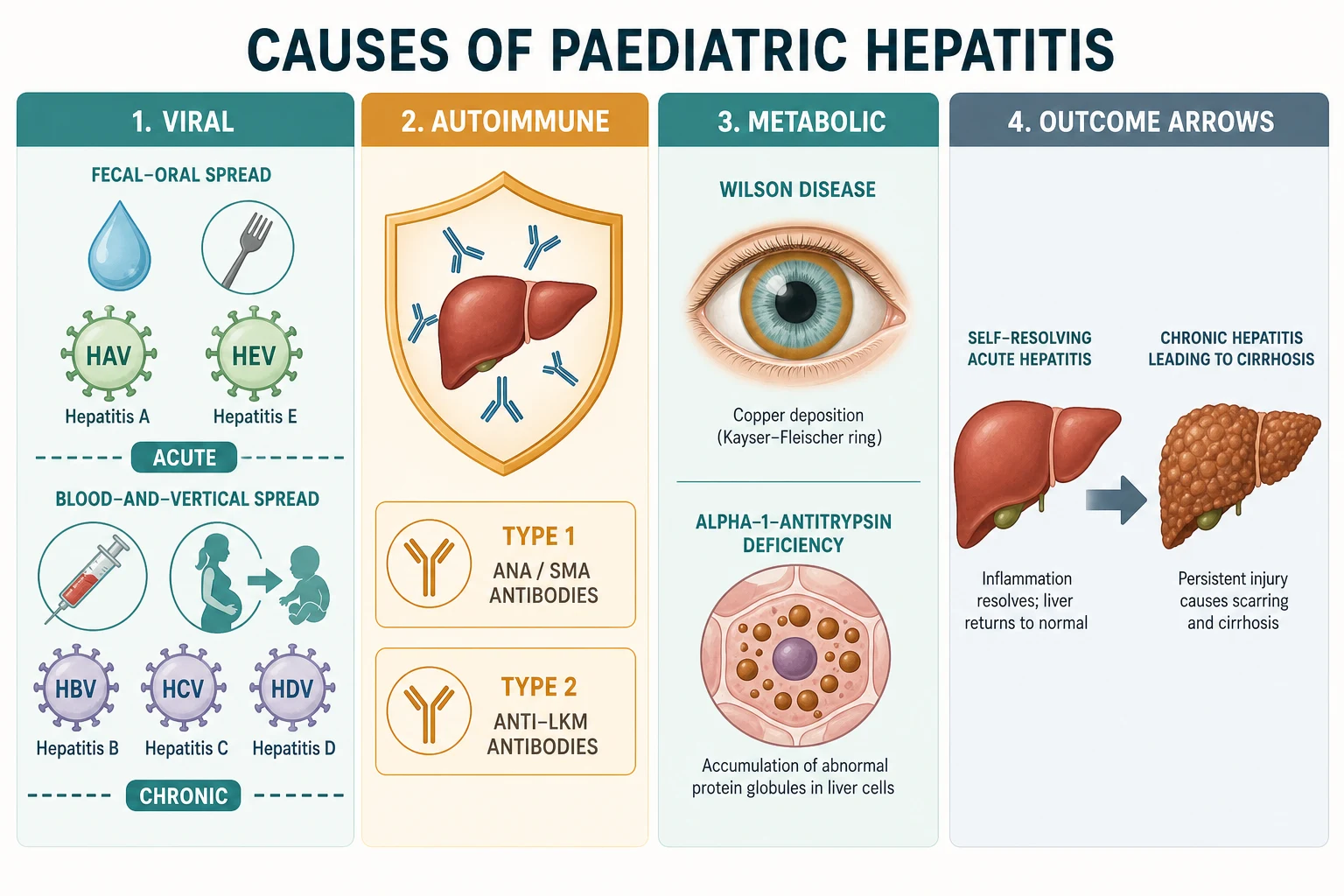 Classification of paediatric hepatitis on an aetiological framework: a left column of faecal-oral acute viruses hepatitis A and E shown with a water drop and fork icon, a centre column of parenteral and perinatal chronic viruses hepatitis B, C and D shown with a syringe and mother-to-baby arrow, a third column for autoimmune hepatitis with a shield and antibody symbols, and a fourth column for the metabolic diseases Wilson disease with a copper ring and alpha-1-antitrypsin with rusty globules, with outcome arrows to a resolving liver and a cirrhotic nodular liver