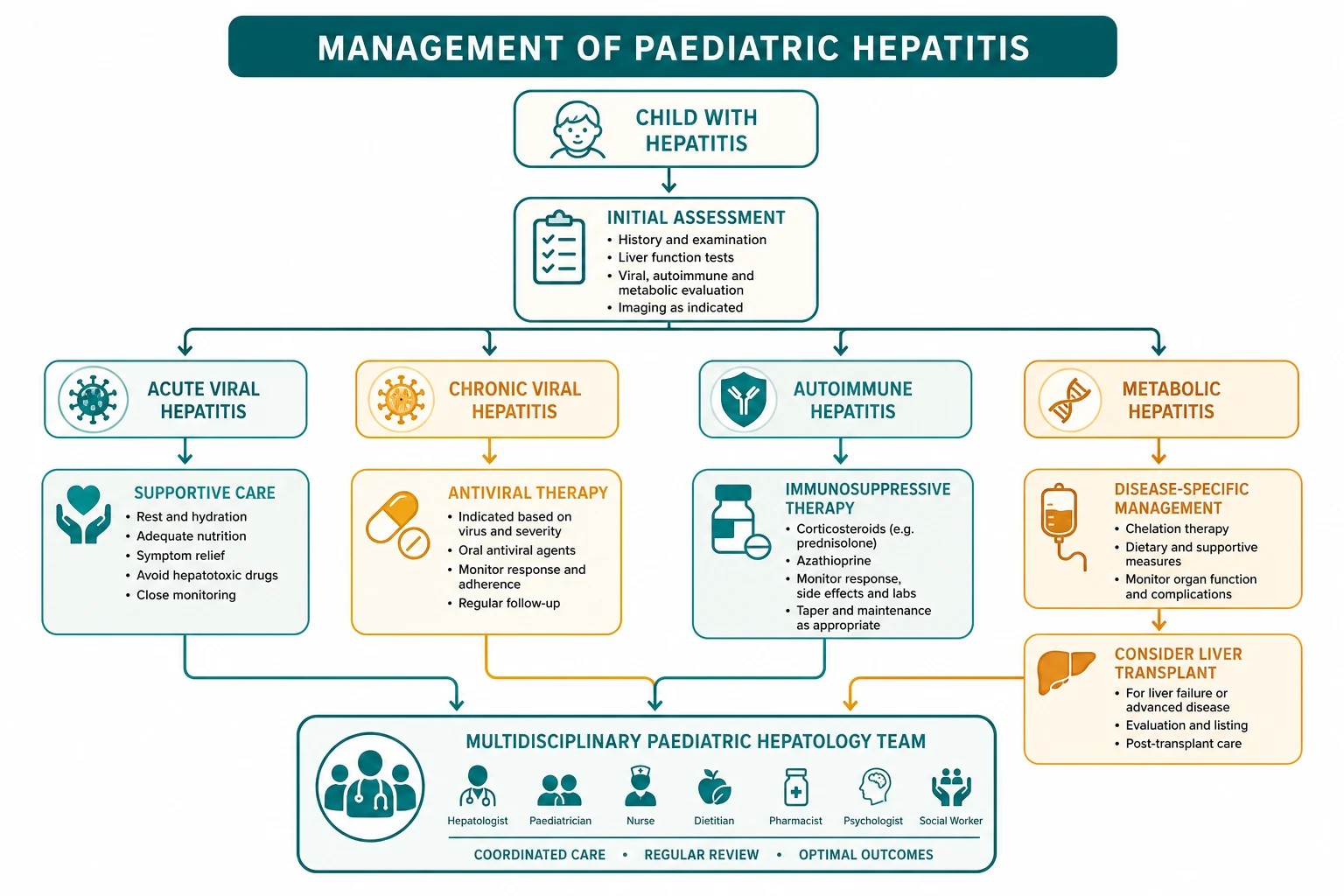 Management algorithm for paediatric hepatitis with four pathways from a jaundiced child through an acute-versus-chronic decision node: pathway for acute viral hepatitis A and E with supportive care and vaccine prevention; pathway for chronic viral hepatitis B and C with phase-based antiviral suppression using entecavir or tenofovir and direct-acting antivirals for HCV; pathway for autoimmune hepatitis with prednisolone and azathioprine induction tapering to maintenance; pathway for metabolic disease with chelation or zinc for Wilson disease and supportive care or transplant for alpha-1-antitrypsin deficiency, all converging on a multidisciplinary paediatric hepatology team