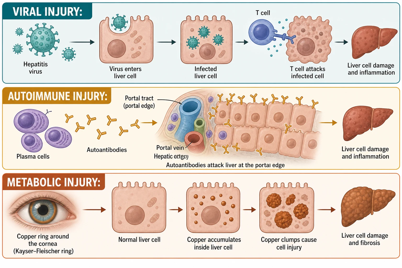 Pathophysiology of paediatric hepatitis in three panels: top panel showing viral immune injury with a virus particle entering a hepatocyte and CD8 cytotoxic T cells inducing apoptosis; middle panel showing autoimmune interface hepatitis with an antigen-presenting cell presenting liver antigen on HLA class 2 to CD4 T-helper cells and plasma cells producing autoantibodies attacking the portal limiting plate; bottom panel showing metabolic injury with the ATP7B copper transporter blocked and free copper accumulating in mitochondria and forming a Kayser-Fleischer ring in the cornea, alongside misfolded PiZZ alpha-1-antitrypsin polymerising in the endoplasmic reticulum into PAS-positive diastase-resistant globules