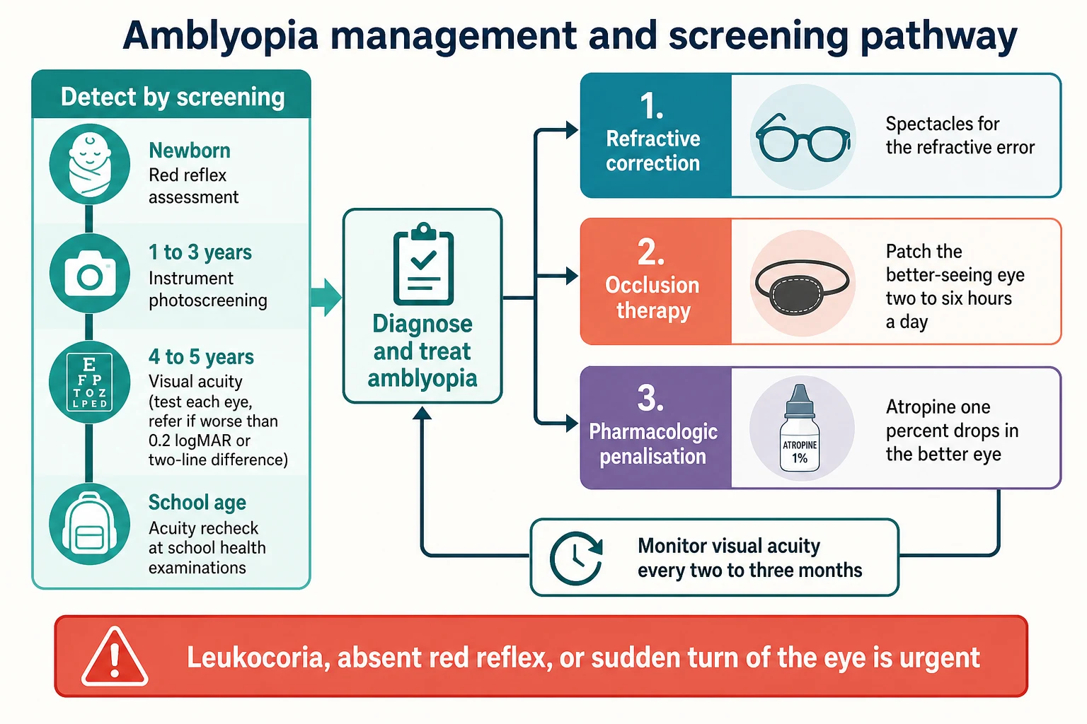 Educational algorithm from age-based detection through refractive correction to three parallel treatment tracks of spectacles, occlusion two to six hours a day, and atropine one per cent penalisation, with a monitoring loop and a red-flag banner for leukocoria and absent red reflex