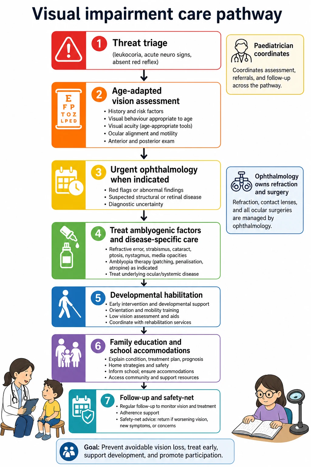 Stepwise management pathway from threat triage through ophthalmology referral, amblyopia treatment, developmental habilitation, school supports and follow-up