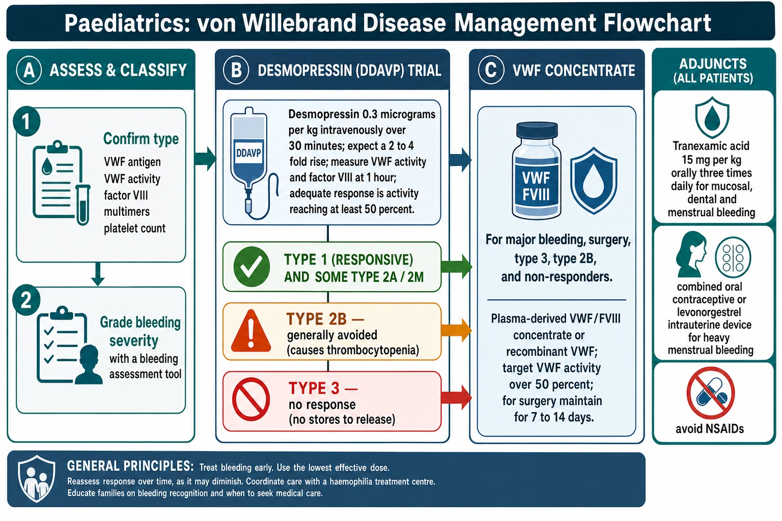 Educational management flowchart for von Willebrand disease with three lanes: the desmopressin trial at 0.3 micrograms per kg intravenously over 30 minutes with a 2 to 4 fold rise and a response threshold of at least 50 percent, green for responsive type 1 and some type 2A and 2M and red stop for type 2B and type 3; VWF concentrate for major bleeding, surgery, type 3, type 2B and non-responders with a target activity over 50 percent; and adjuncts of tranexamic acid 15 mg per kg orally three times daily and hormonal control of heavy menstrual bleeding