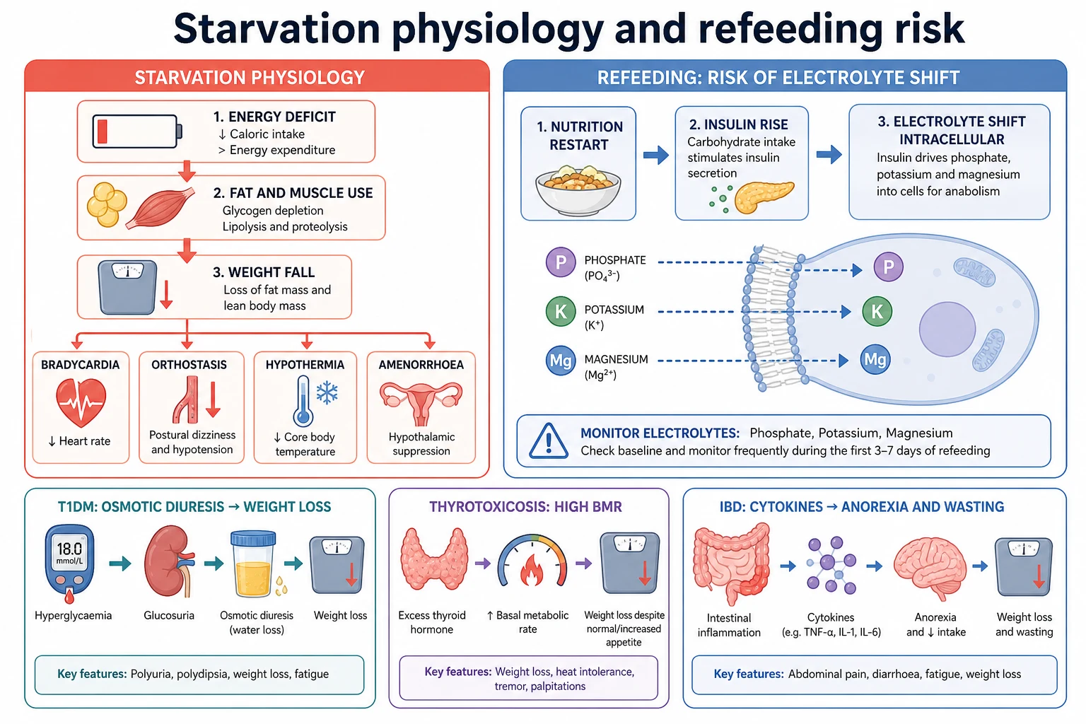 Cascade of starvation physiology with refeeding electrolyte shifts and side panels for diabetes, thyrotoxicosis and inflammatory anorexia