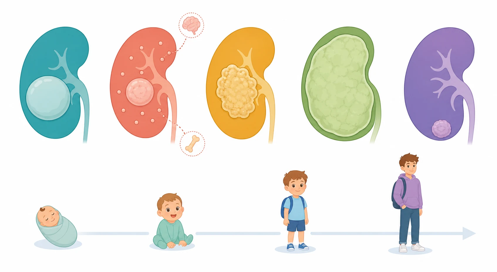 A clean medical-education schematic on a white background showing five colour-coded kidney-bean outlines in a horizontal row, each containing a distinct representation of a paediatric renal tumour. From left to right a teal kidney holds one smooth round mass for Wilms tumour, a coral kidney holds a mass with scattered dots for the bone and brain spread of the clear cell sarcoma, an amber kidney holds a central lobulated mass for the malignant rhabdoid tumour, a green kidney holds a mass filling the whole bean for the congenital mesoblastic nephroma of the infant, and a purple kidney holds a small peripheral nodule for the renal cell carcinoma. A faint age progression of newborn, toddler, child and teenager icons runs along the bottom. No text appears in the figure.