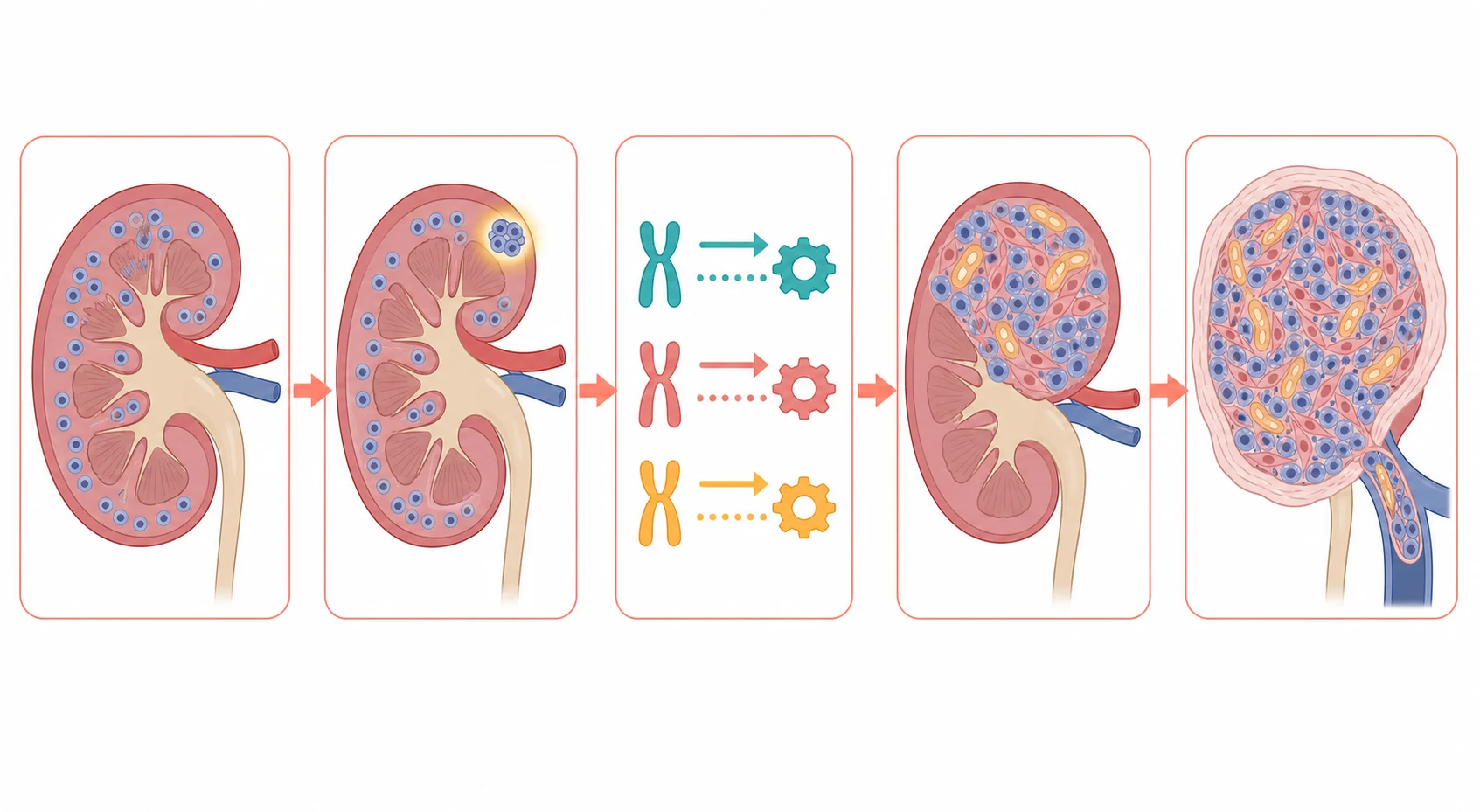 A clean scientific schematic on a white background flowing left to right in five connected rounded boxes joined by coral arrows. The first box shows a normal fetal kidney with small round immature nephrogenic cells. The second shows a persistent cluster of these cells remaining after birth as a nephrogenic rest with a small glow. The third shows three colour-coded chromosome and gene-gear icons in teal, coral and amber acting on the rest, representing the WT1, the 11p15 and the WTX genetic hits. The fourth shows a developing Wilms tumour expanding as a mass of three mingled cell colours, small blue blastemal cells, elongated stromal spindle cells and tiny epithelial tubule shapes. The fifth shows the grown tumour replacing the kidney bean with a lighter outer fibrous rim and a plug of tumour extending into the draining vein as a thrombus. No text appears in the figure.