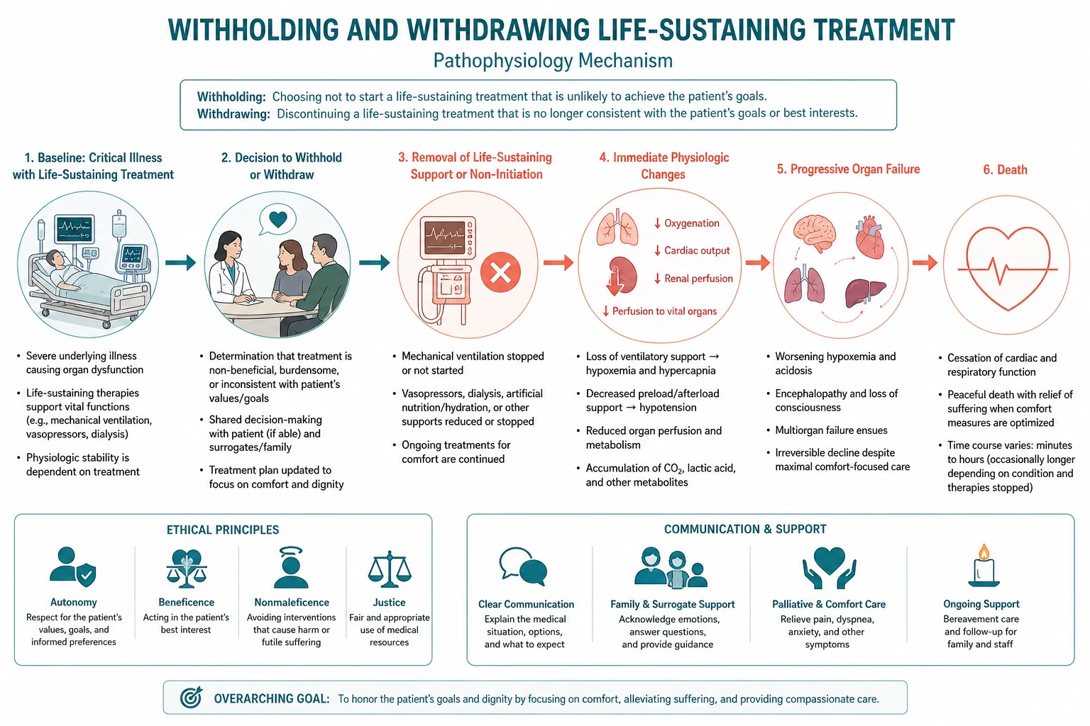 Mechanism diagram for withholding and withdrawing life-sustaining treatment linking clinical change, ethical standards and family communication.