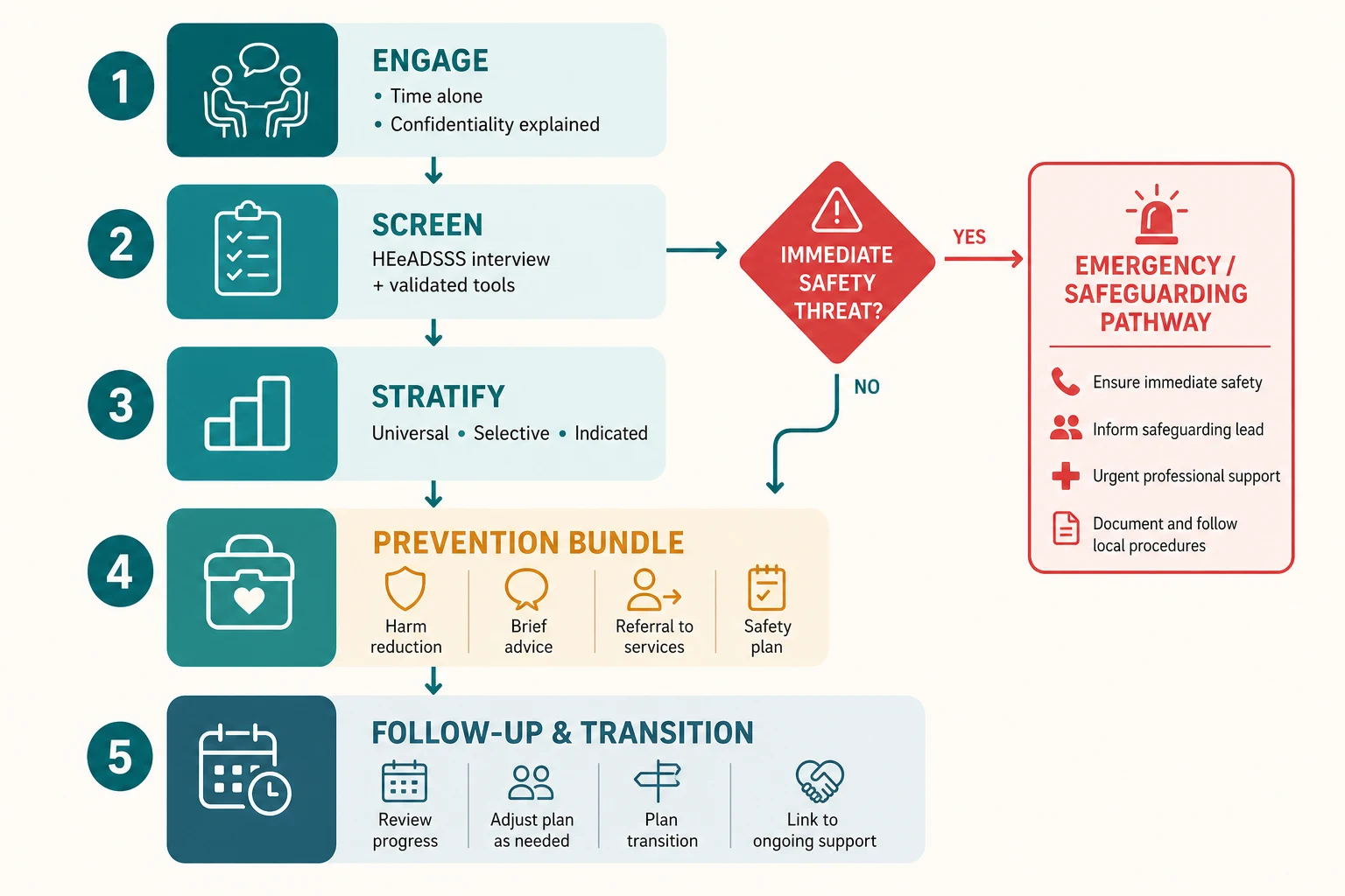 Educational stepwise prevention algorithm from engagement through screening, stratification, a prevention bundle and follow-up, with a red diamond that exits to an emergency and safeguarding pathway
