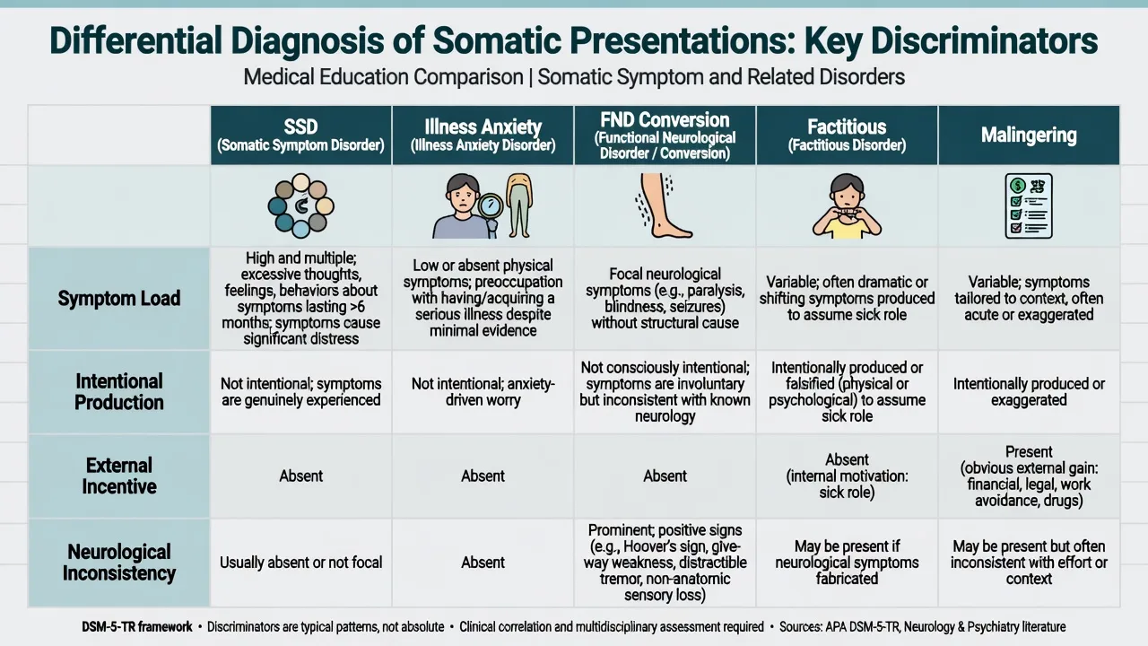 Five-column differential diagram comparing SSD, illness anxiety, functional neurological disorder, factitious disorder, and malingering