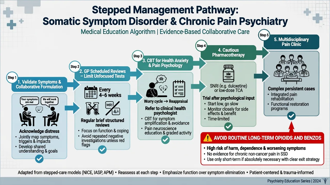 Stepped care flowchart from validation and GP continuity through CBT and cautious antidepressants to multidisciplinary pain clinic, with opioid and benzo caution box