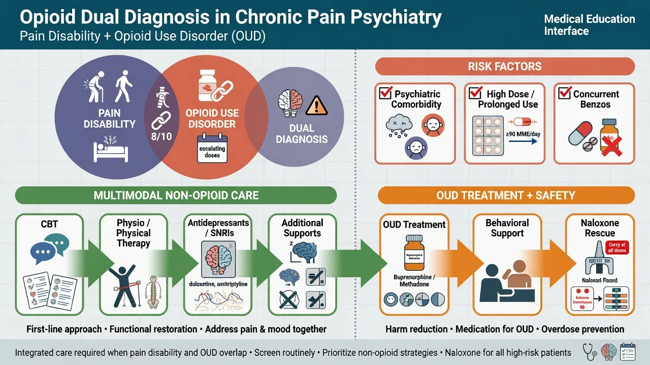 Infographic of overlapping chronic pain disability and opioid use disorder with multimodal non-opioid pathway and OUD treatment pathway