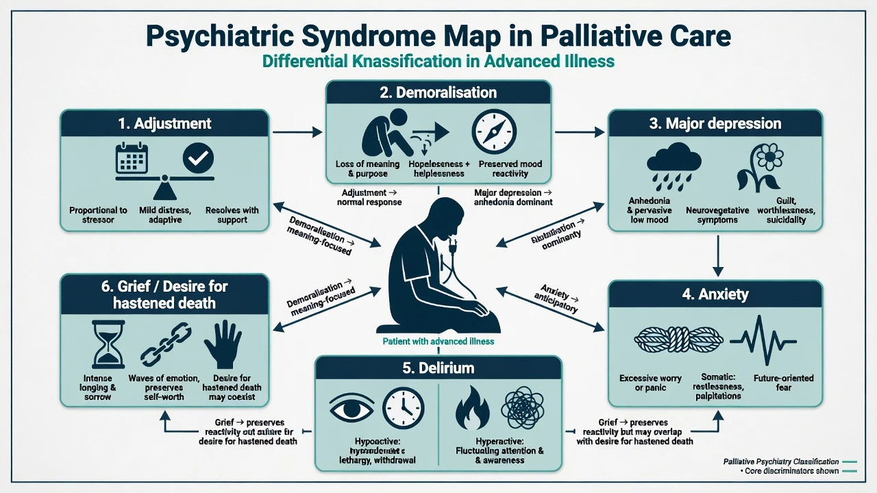 Classification map of psychiatric syndromes in palliative care including adjustment demoralisation depression anxiety delirium and grief