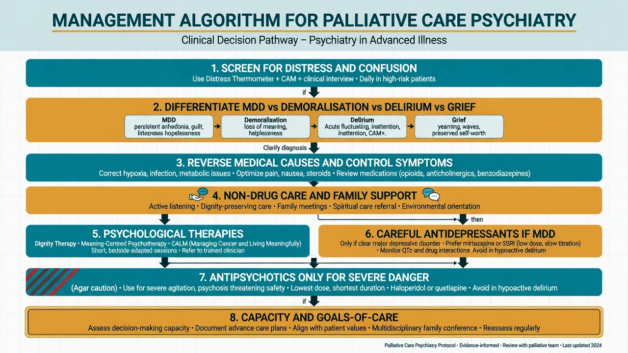Stepwise management algorithm for palliative care psychiatry from screening through therapies pharmacology and capacity