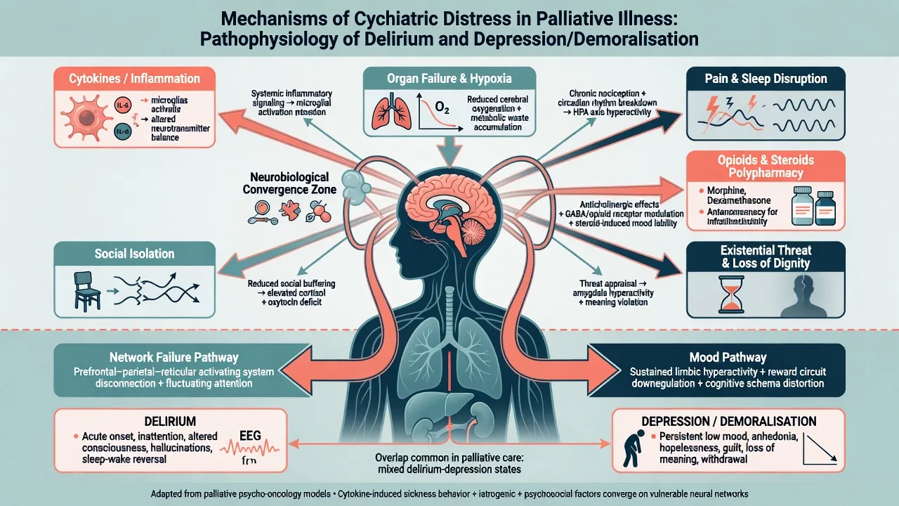 Mechanisms diagram of psychiatric distress in palliative illness with biological drug existential and social pathways