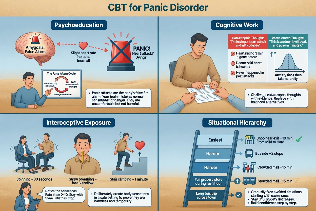 Four-panel CBT for panic: psychoeducation, cognitive restructuring, interoceptive exposure, situational hierarchy