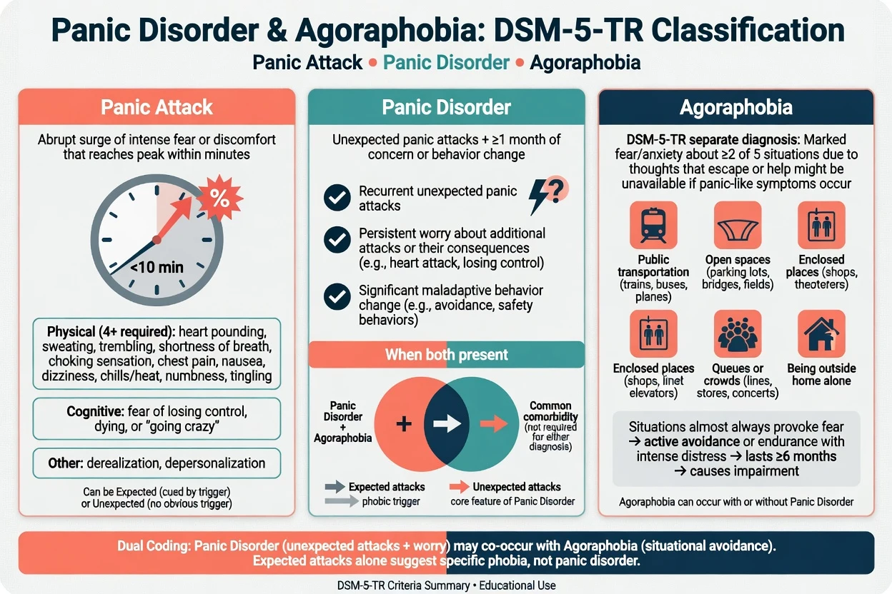 DSM-5-TR classification of panic attack, panic disorder and freestanding agoraphobia with dual coding